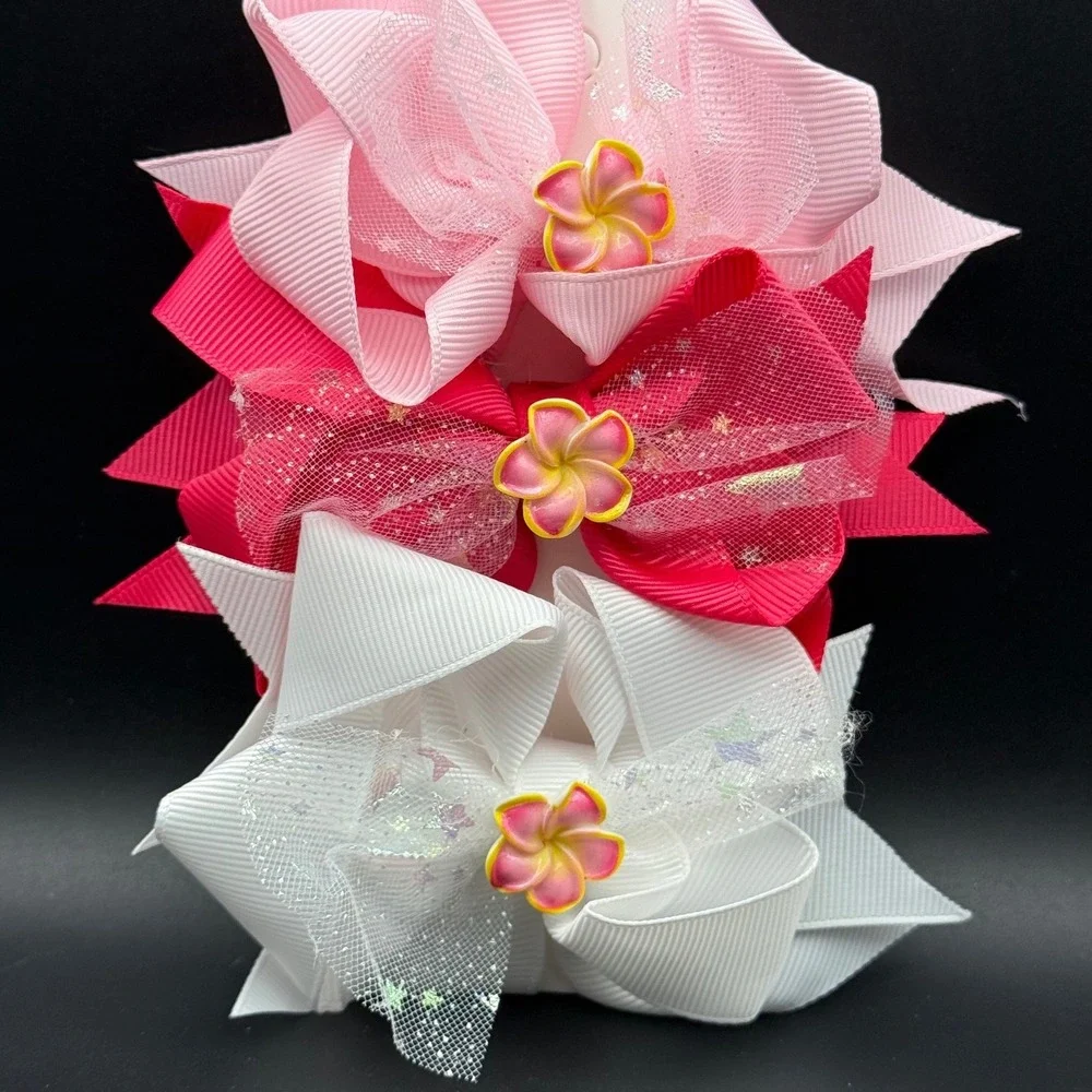 Set of 3 Tropical Flower Hair Bows Pink White Fuchsia Plumeria Alligator Clips‎